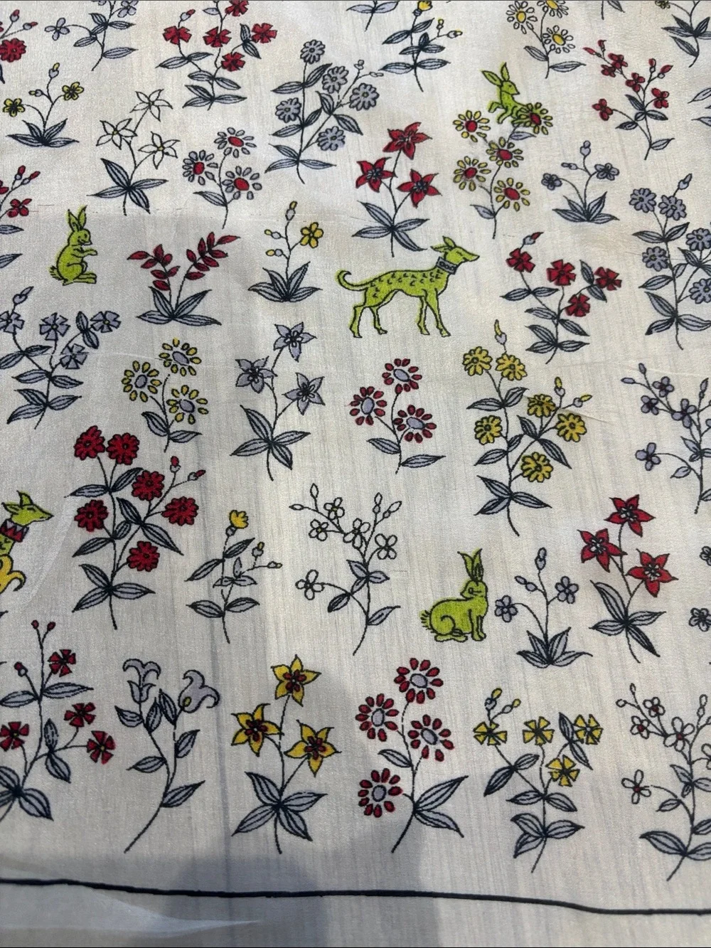 Floral & Fox Print Scarf - White with Red, Green & Gray silk.